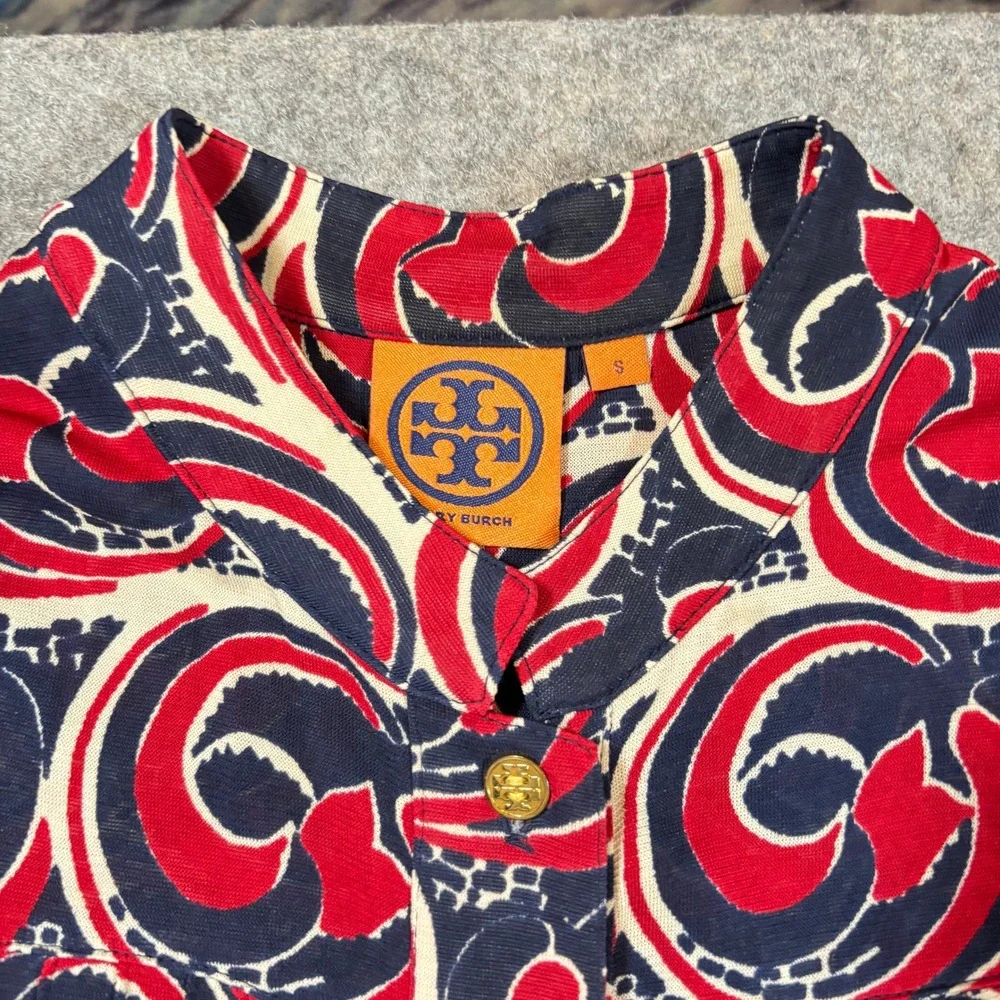 Tory Burch Dress Womens S Red Blue Swirl Print Button Front Logo 70s Geometric